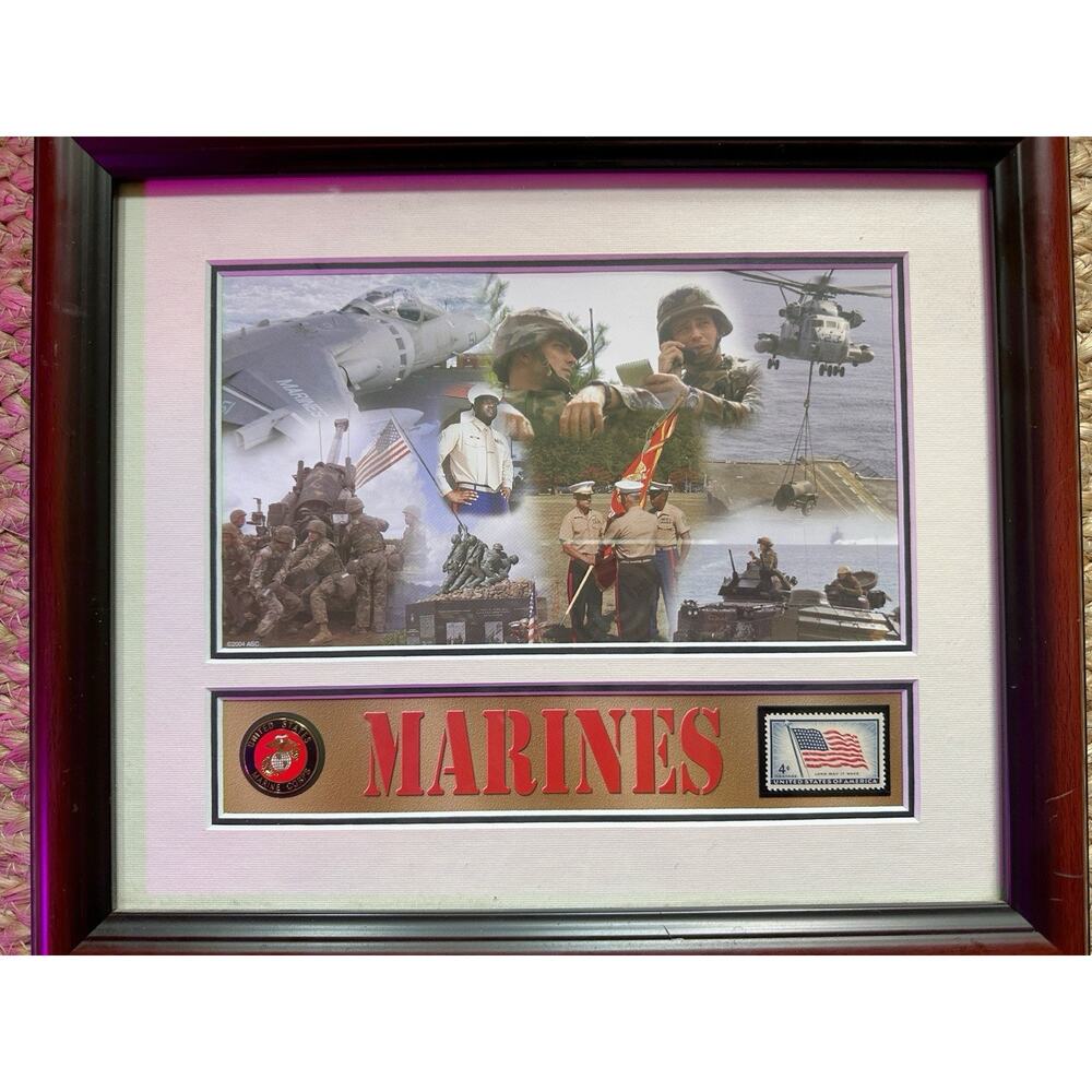 Framed USPS Commemorative First Day Issue Stamp And Pin U.S. Marines Military